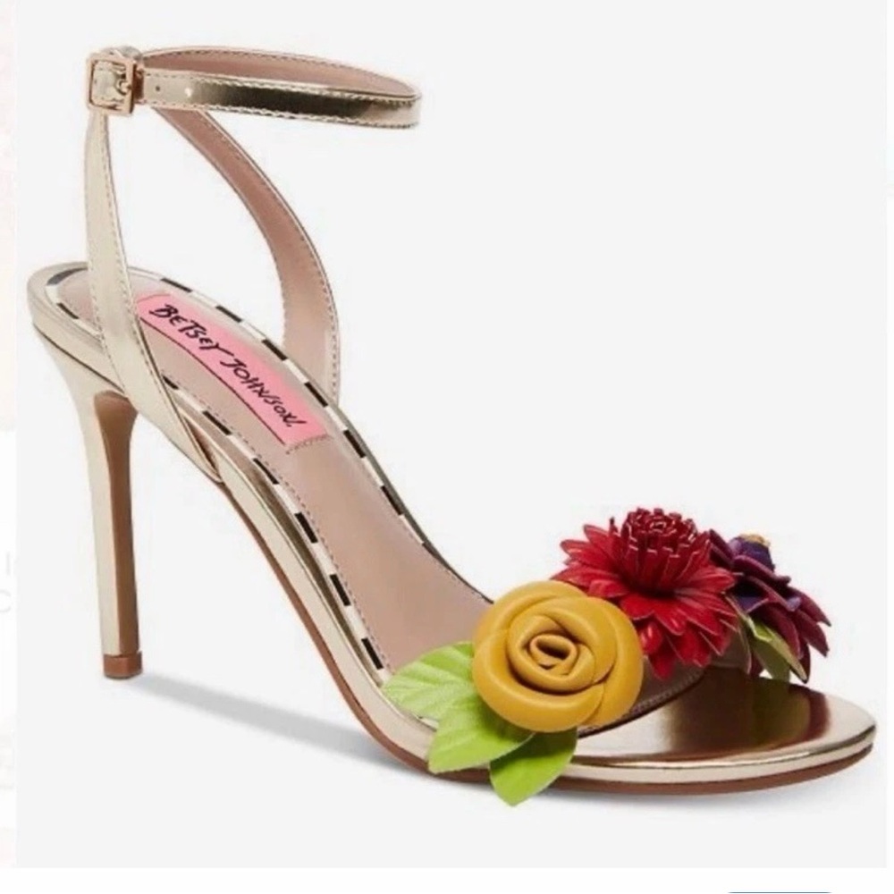NWOB Betsey Johnson Fleur Floral Stiletto Heels 7 Gold Ankle Strap Garden